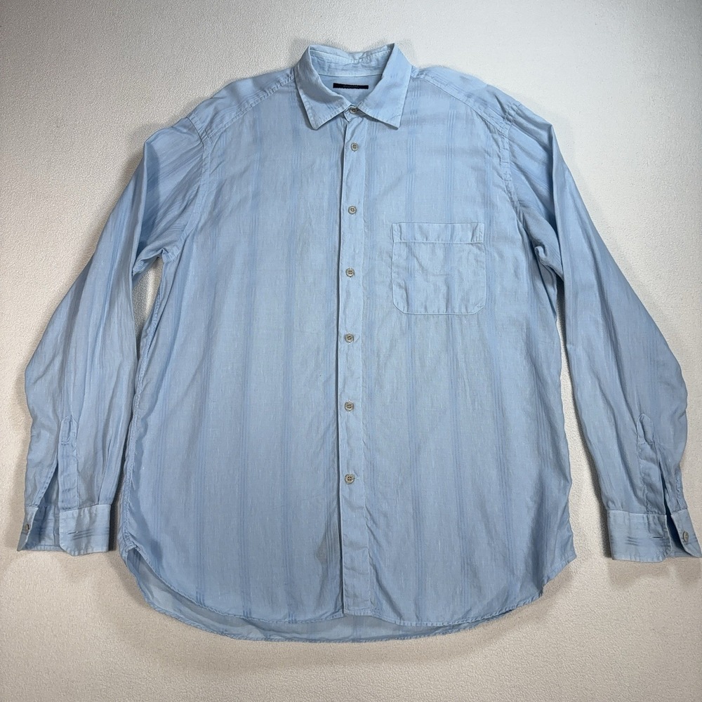 Zegna Sport Linen-Cotton Shirt Men XL Blue Stripe Pocket Made in Italy Button Up